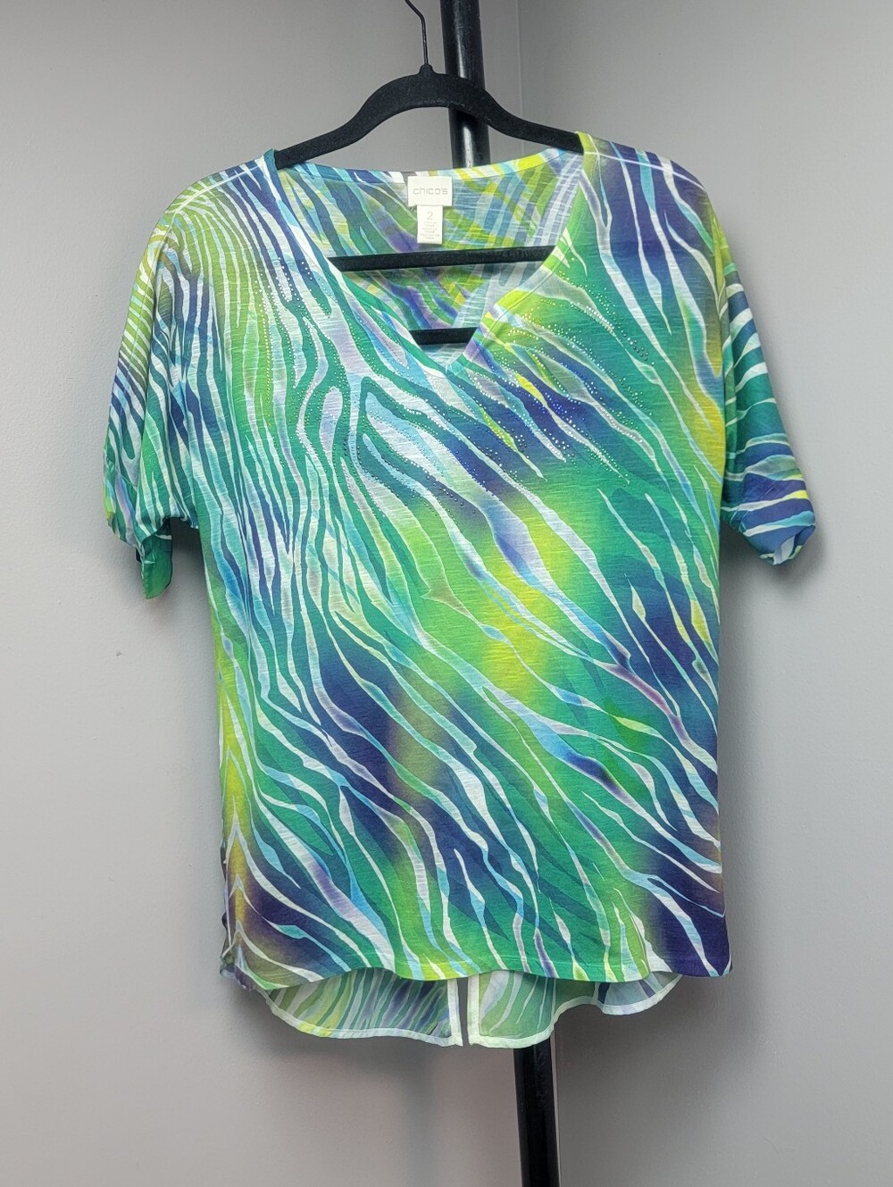 Chico's 2 Pieces Top Blouse Blue Orange Green Chiffon Sumer Abstract Multicolor - Picture 3 of 16